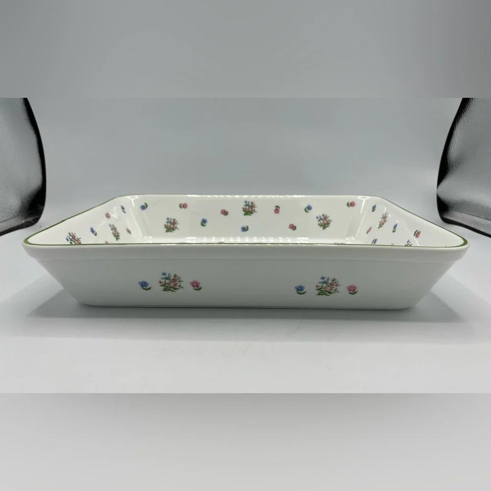 Andrea By Sadek Floral Rectangular Dish - White with Green Trim